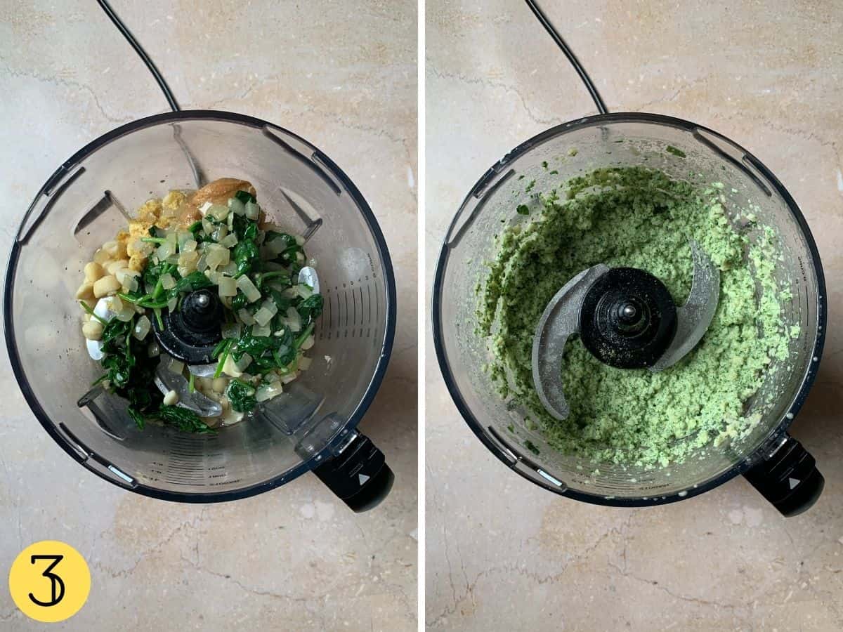 Ingredients for spinach and ricotta filling before and after blending in a blender.