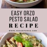 Two images of orzo pesto salad in a white bowl.