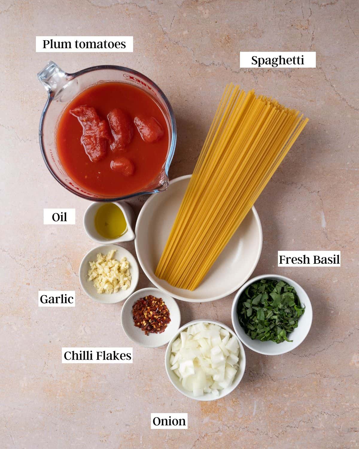 Ingredients for spaghetti arrabiata in bowls.