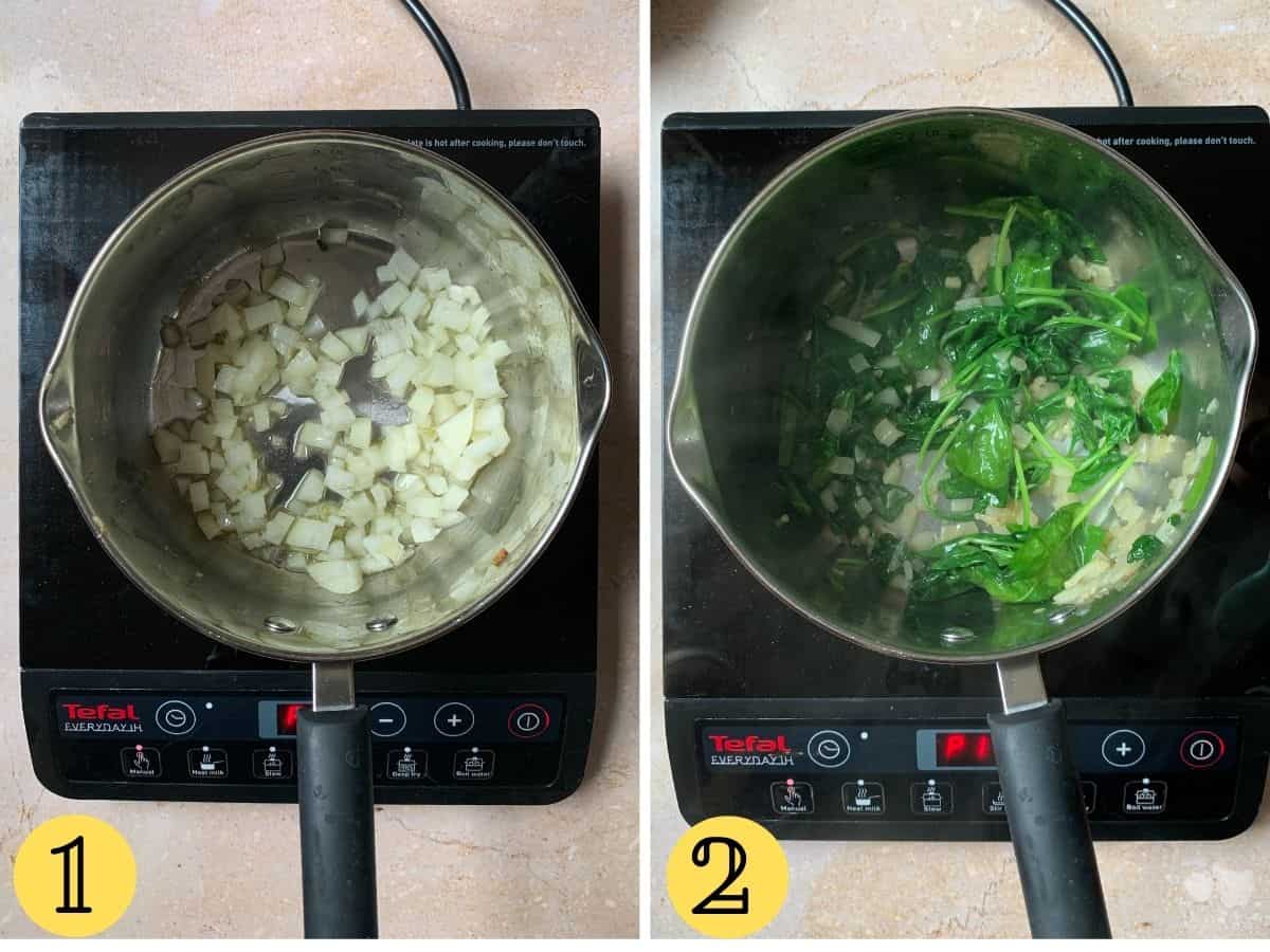 Onions, garlic and spinach in a small saucepan on a hob.