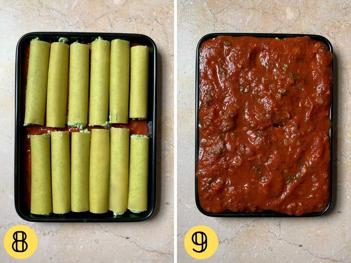 Filled vegan cannelloni tubes in a tray, then second photo of tubes covered fully with sauce.