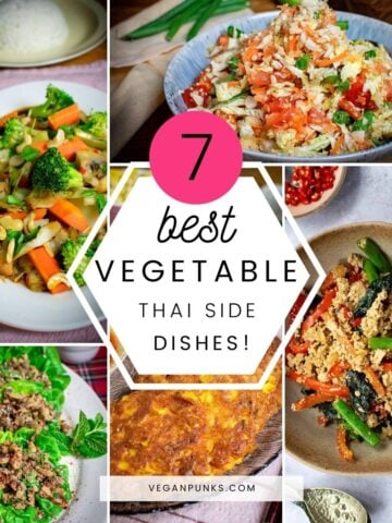 Collage of vegetable Thai dishes with a title in the middle.