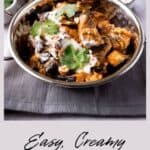 Eggplant curry in a Balti dish topped with coriander, Pinterest title below.