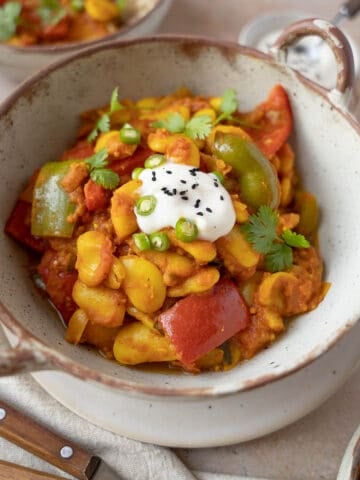 Butter bean curry topped with fresh coriander, vegan yoghurt and chillies.