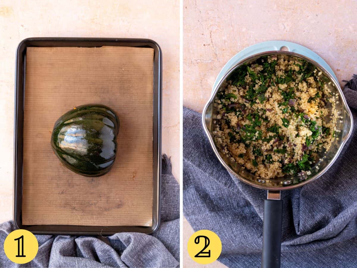 Acorn squash face down on a baking tray, kale quinoa in a pan.