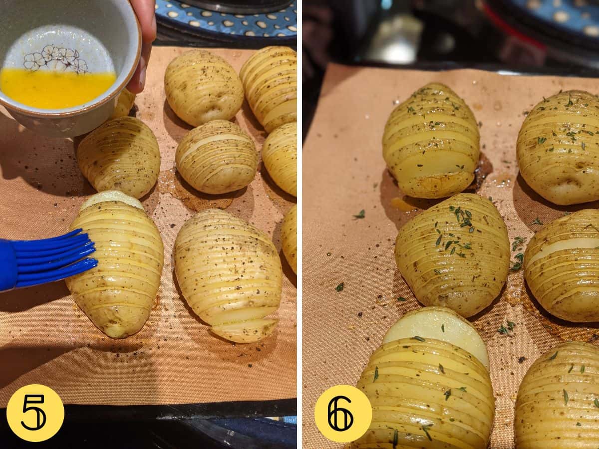Part cooked Hasselback potatoes being brushed with butter, second photo, they're cooked.