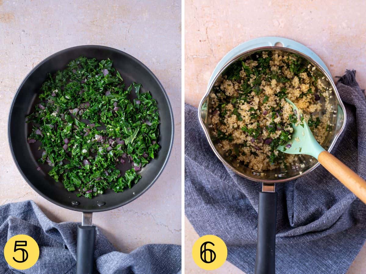 Kale and onion in a frying pan, then added to a pan of quinoa.
