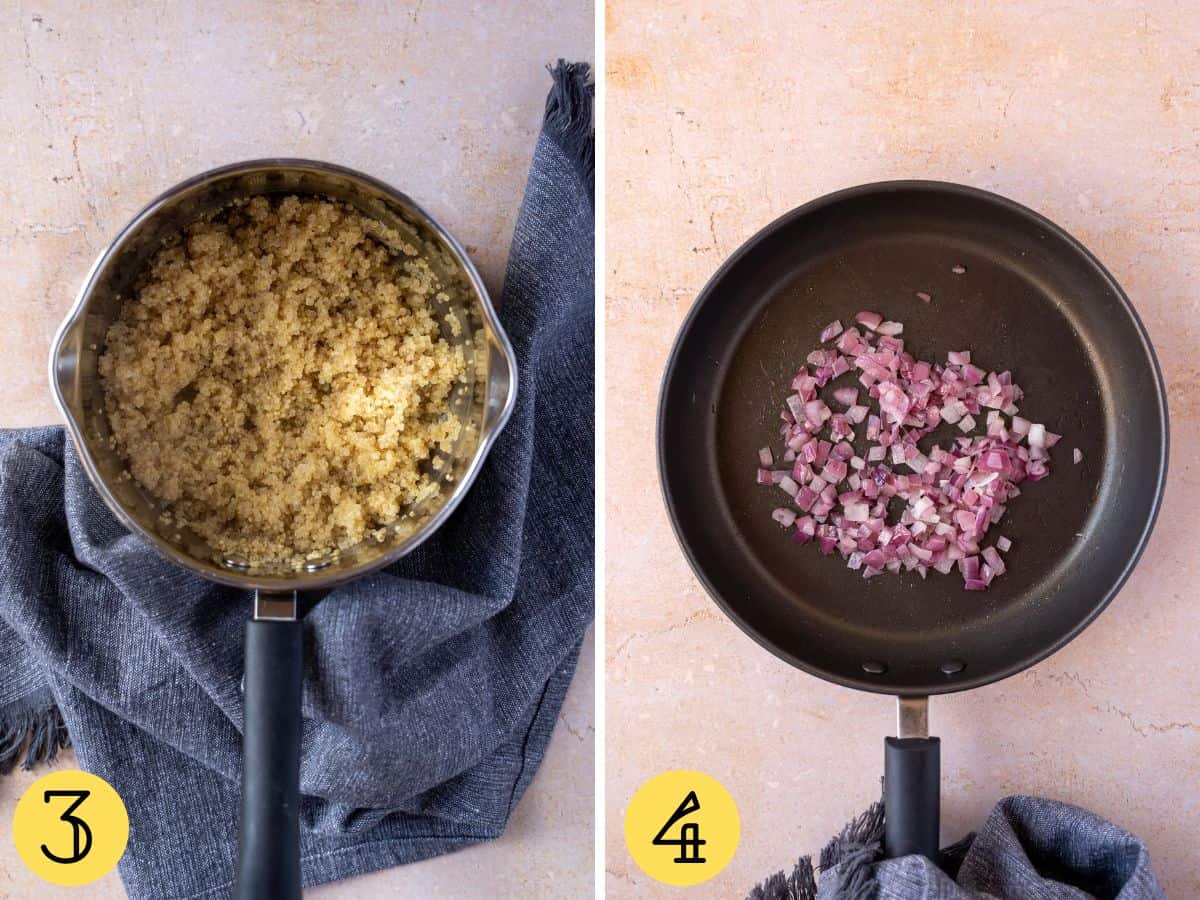 Quinoa cooked in a pan, red onion sweated down in a frying pan.