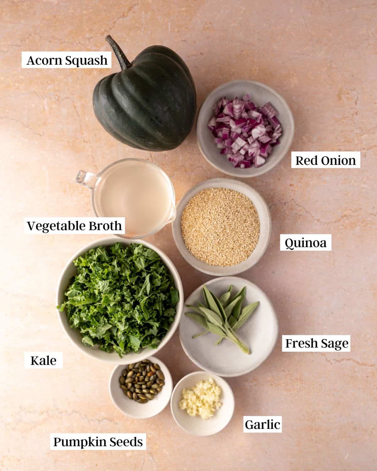 Ingredients in bowls for acorn stuffed squash.