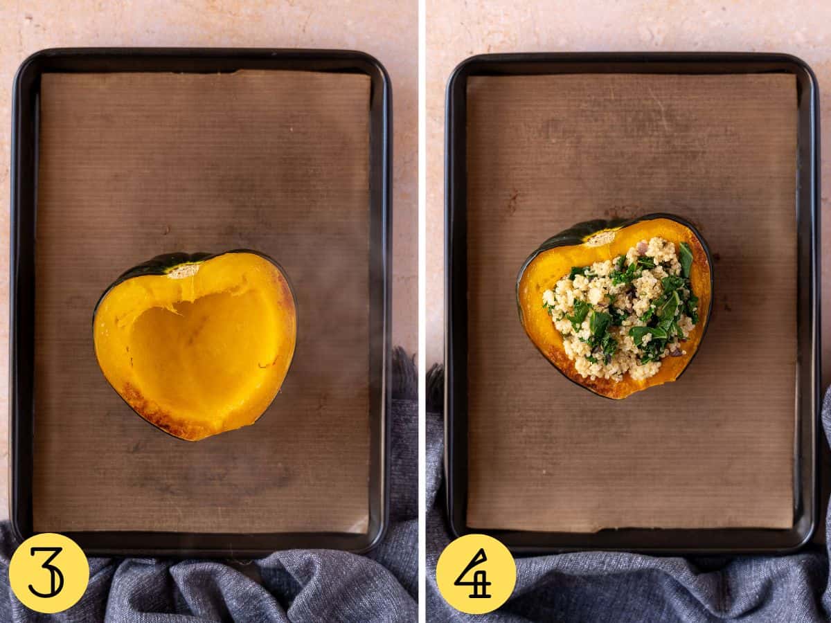 Two squashes on a tray, one stuffed one not stuffed.