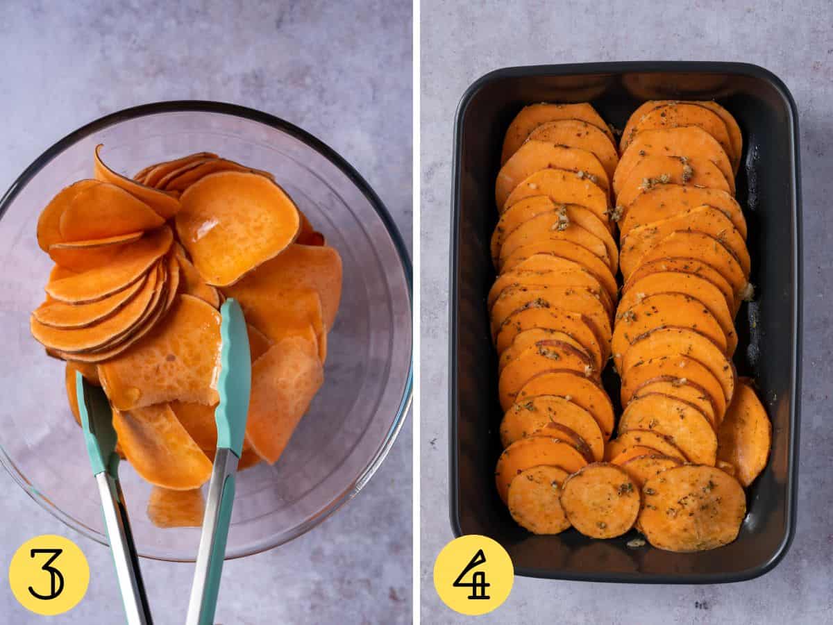 Sweet potato rounds in a bowl and in a tray.