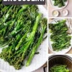Collage of images showing broccoletti being cooked in the air fryer.