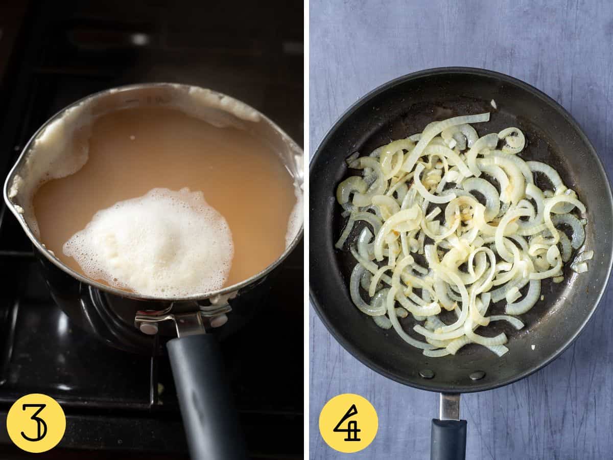 Lentils cooking in a pan with foam on top, onions frying in a pan.