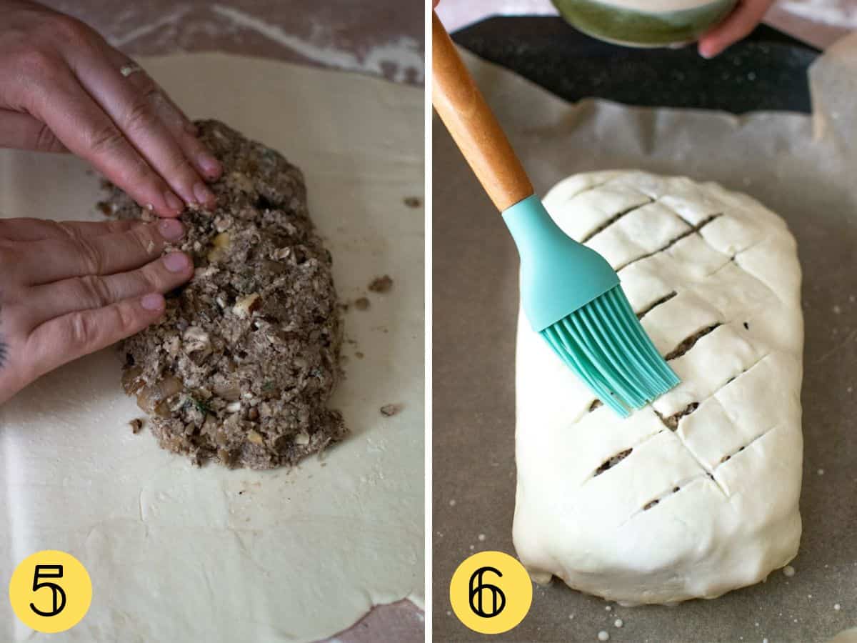A vegan wellington being made, and then brushed with milk.