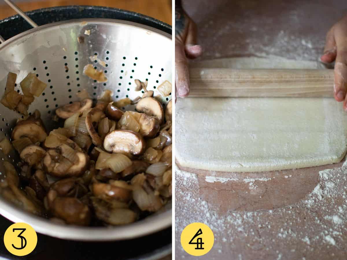Cooked mushrooms in a sieve, a rolling pin rolling out pastry.