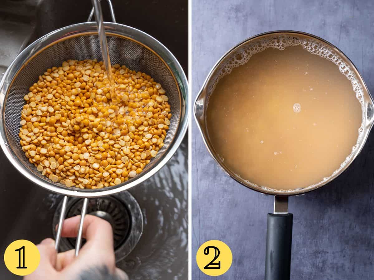 Yellow split peas in a sieve under a running tap, a pan of cloudy water.