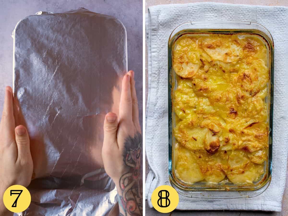 A tray covered with foil, a finished potato dauphinoise in a glass dish.