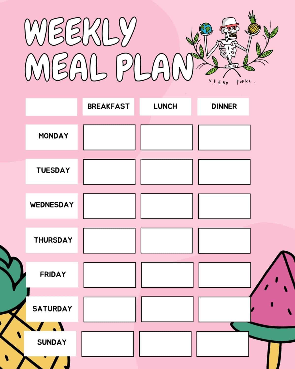 A pink meal planner with empty boxes and days of the week.