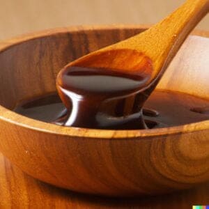 Kecap manis in a wooden bowl with a wooden spoon.