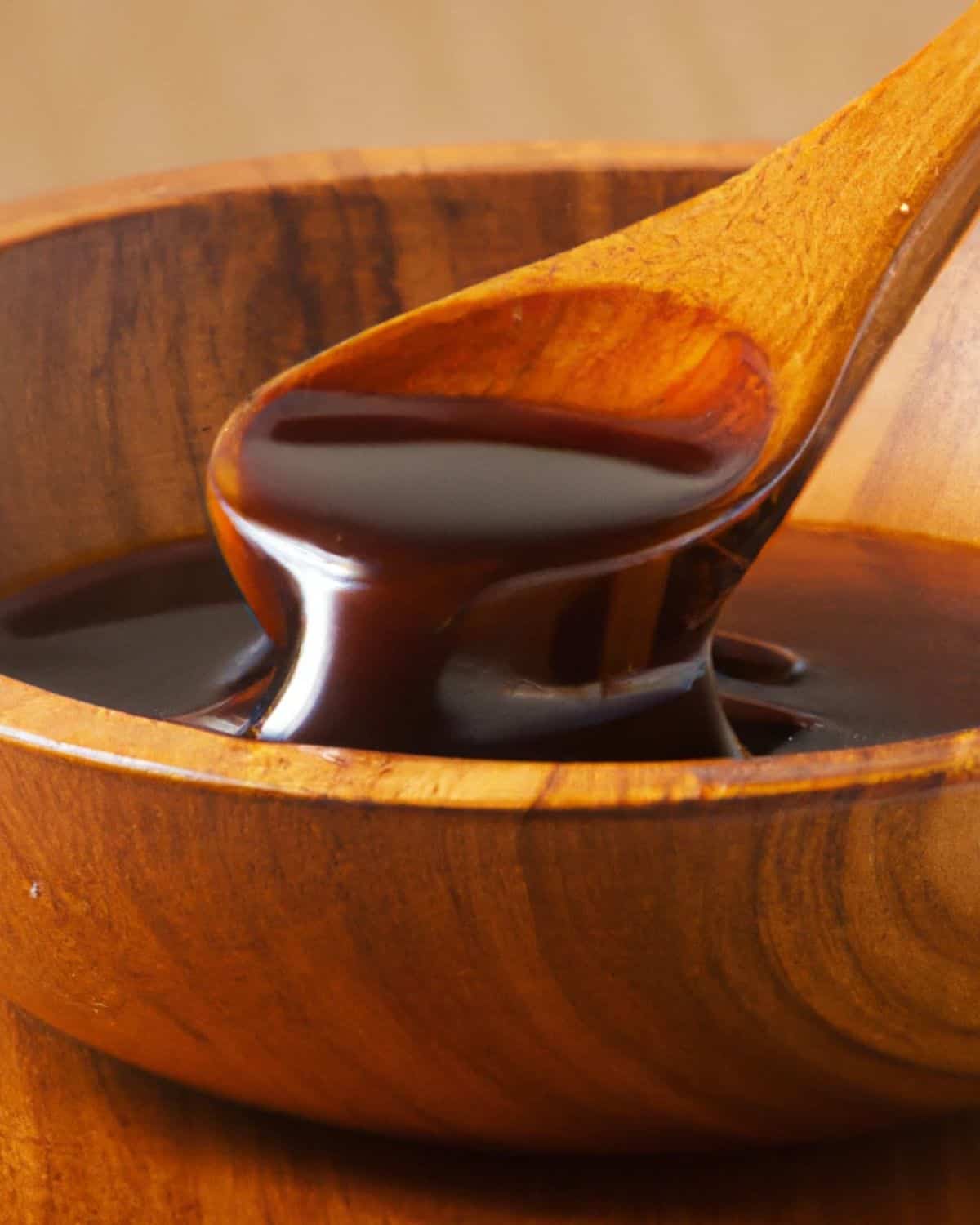 Kecap manis in a wooden bowl with a wooden spoon.