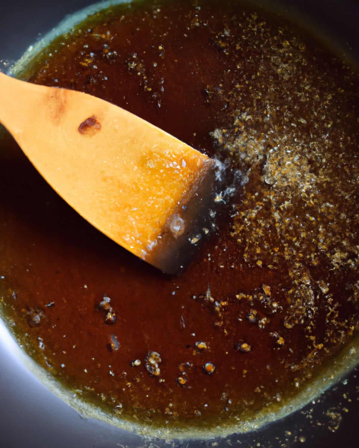 Wooden spoon in a pan with soy sauce and some melted brown sugar.