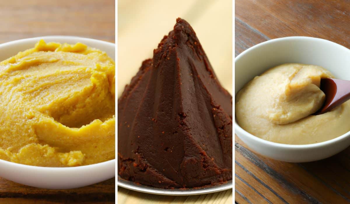 3 types of miso paste in 3 bowls.