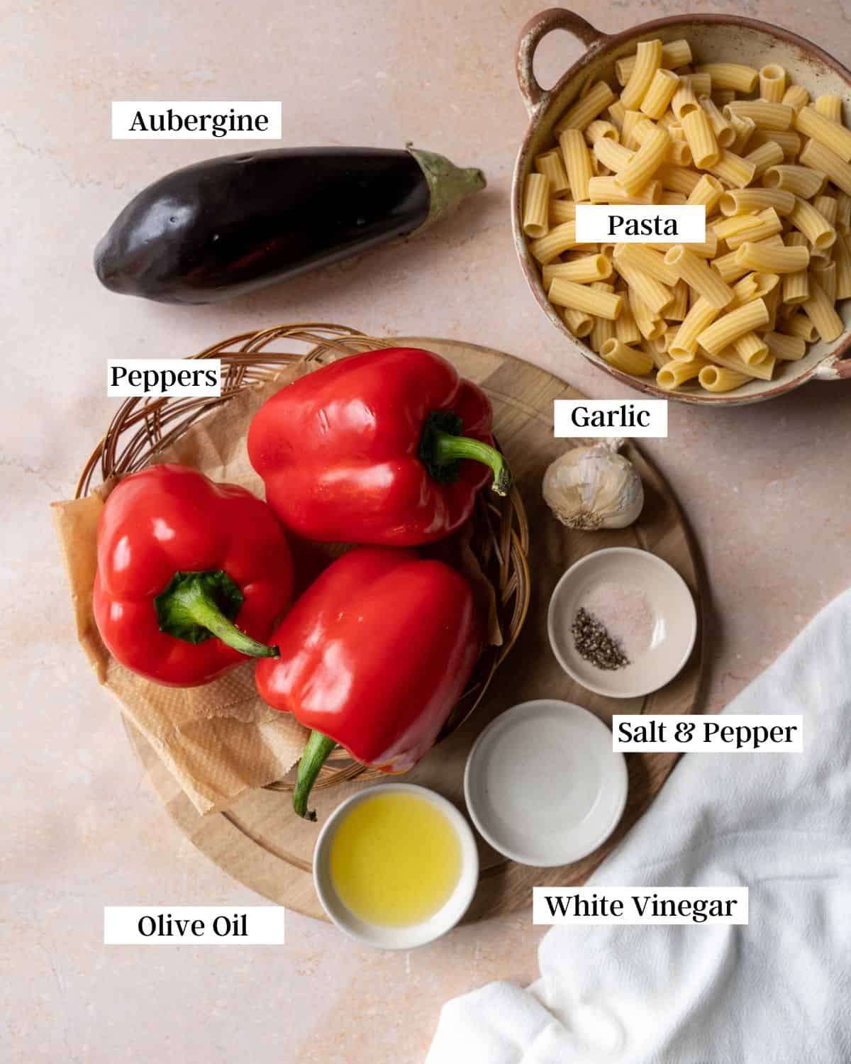Ingredients on a round cutting board.