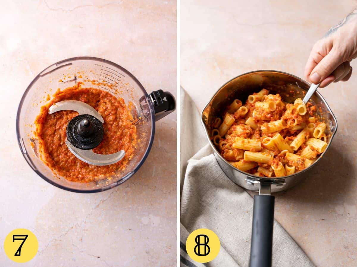 Ajvar sauce in a food processor, pasta with sauce in a pan.