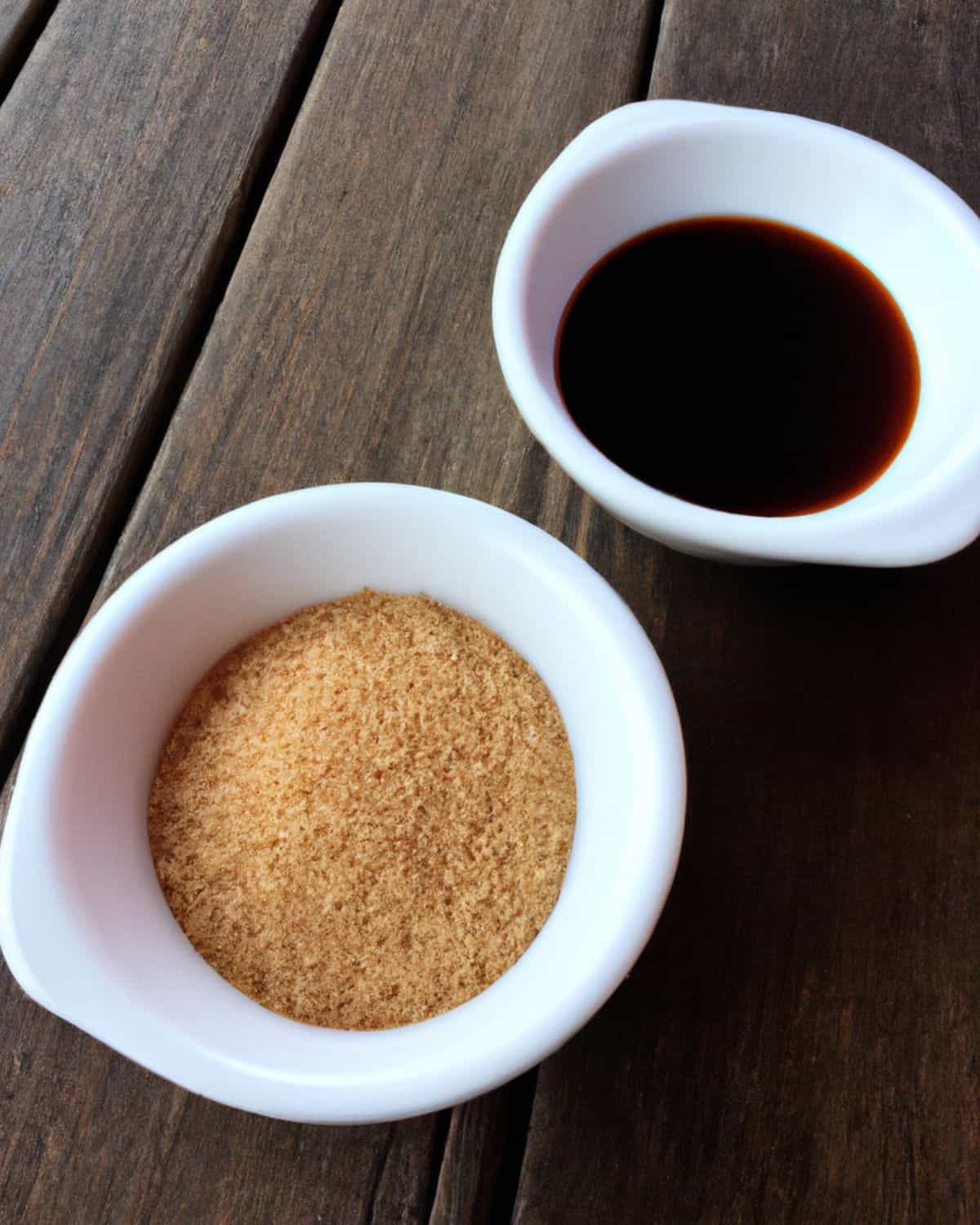 Sugar and dark soy sauce in white bowls.