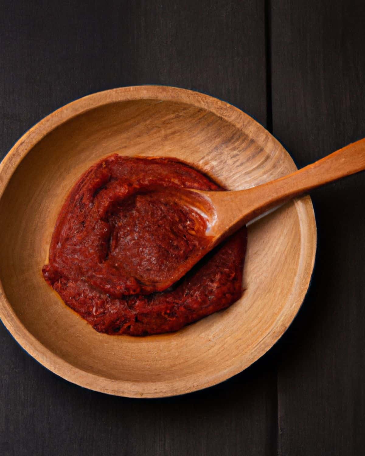 Gochujang paste in a wooden bowl with a wooden spoon.