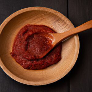 Gochujang paste in a wooden bowl with a wooden spoon.