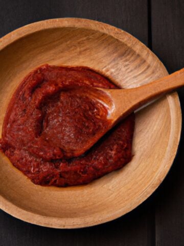 Gochujang paste in a wooden bowl with a wooden spoon.