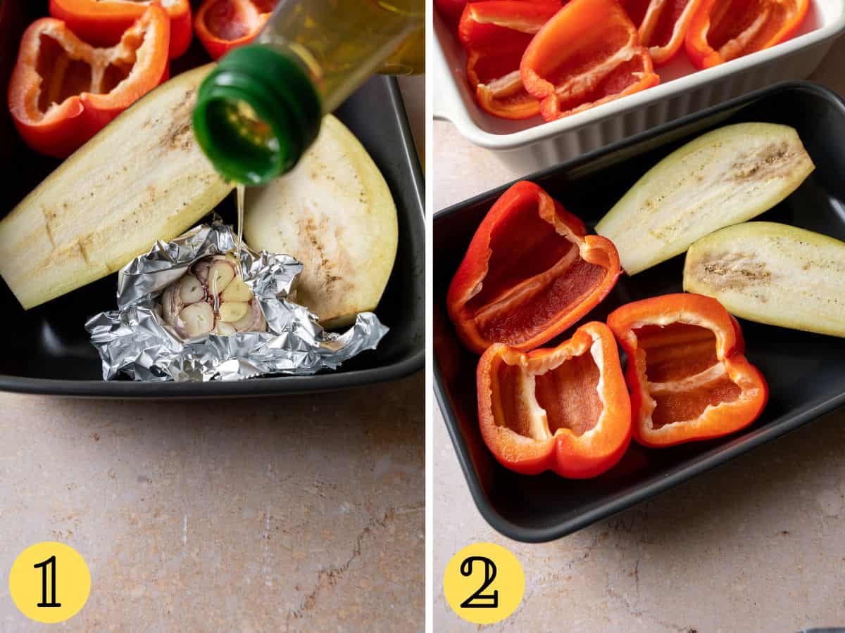 Garlic in foil with oil and red bell peppers in a tray with eggplant.