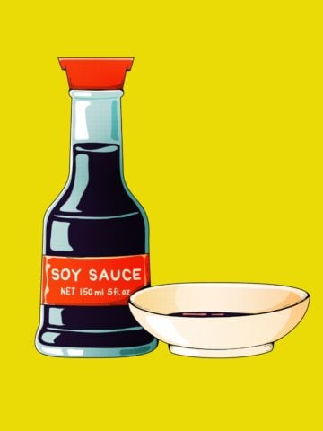 An illustrated bottle of soy sauce with a dipping bowl.