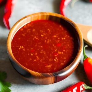 Sweet chili sauce in a wooden bowl.