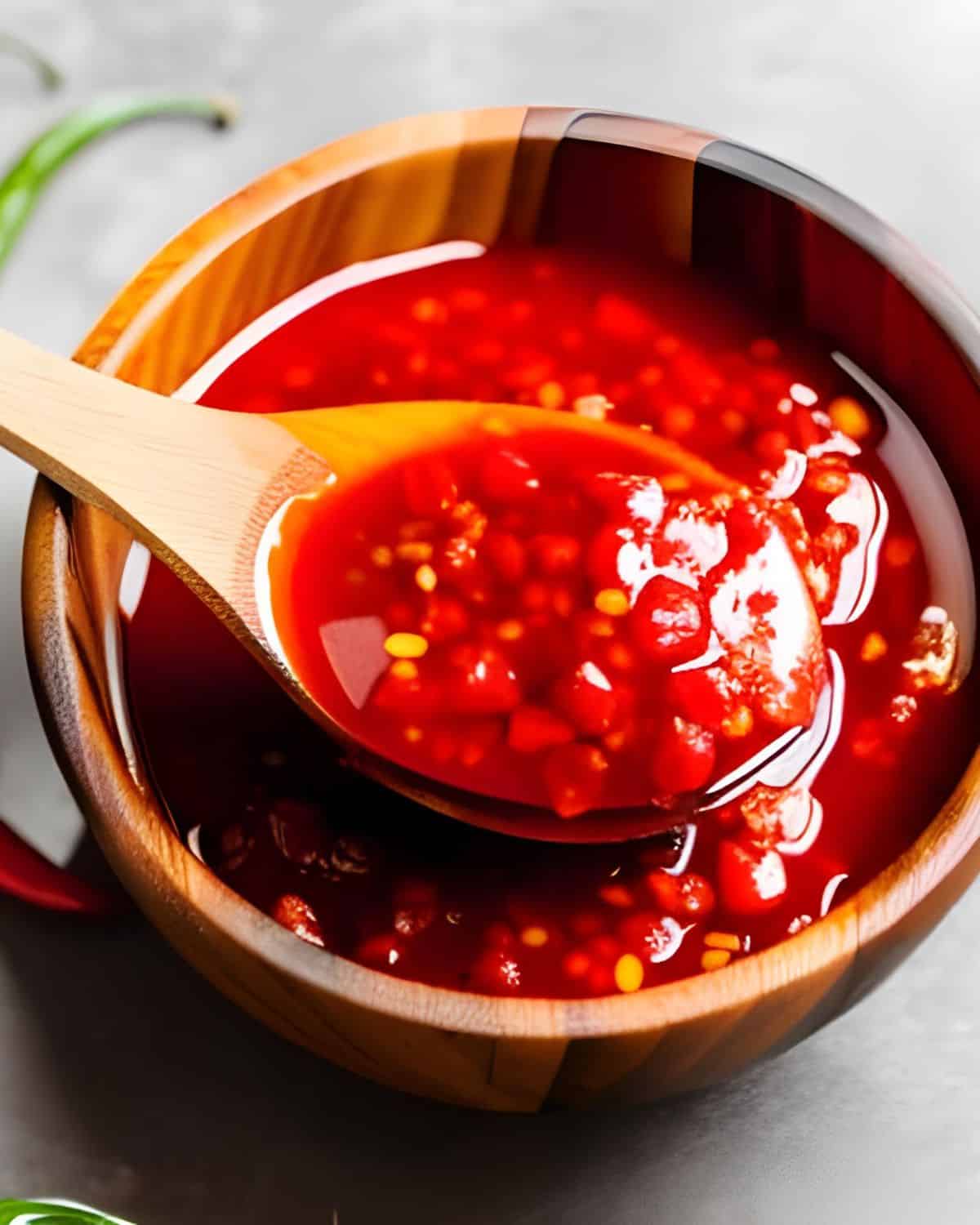 Sweet chili sauce in a bowl with a wooden spoon.