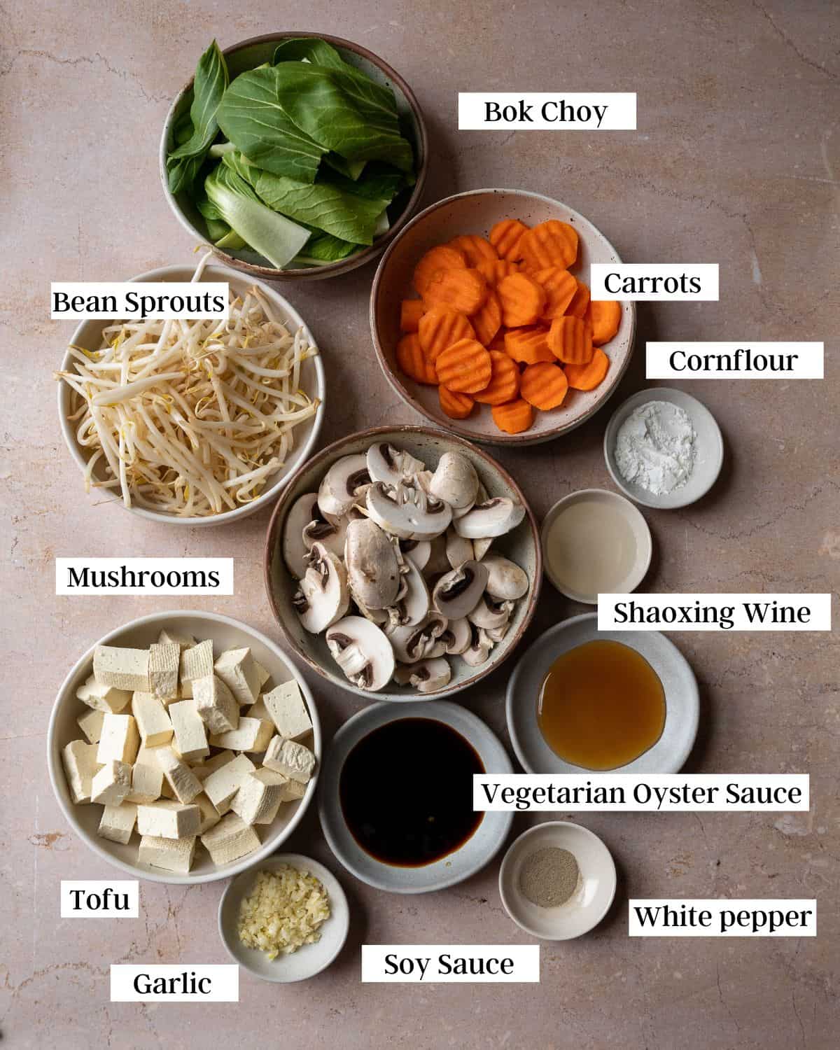 Ingredients for vegan chop suey with labels.