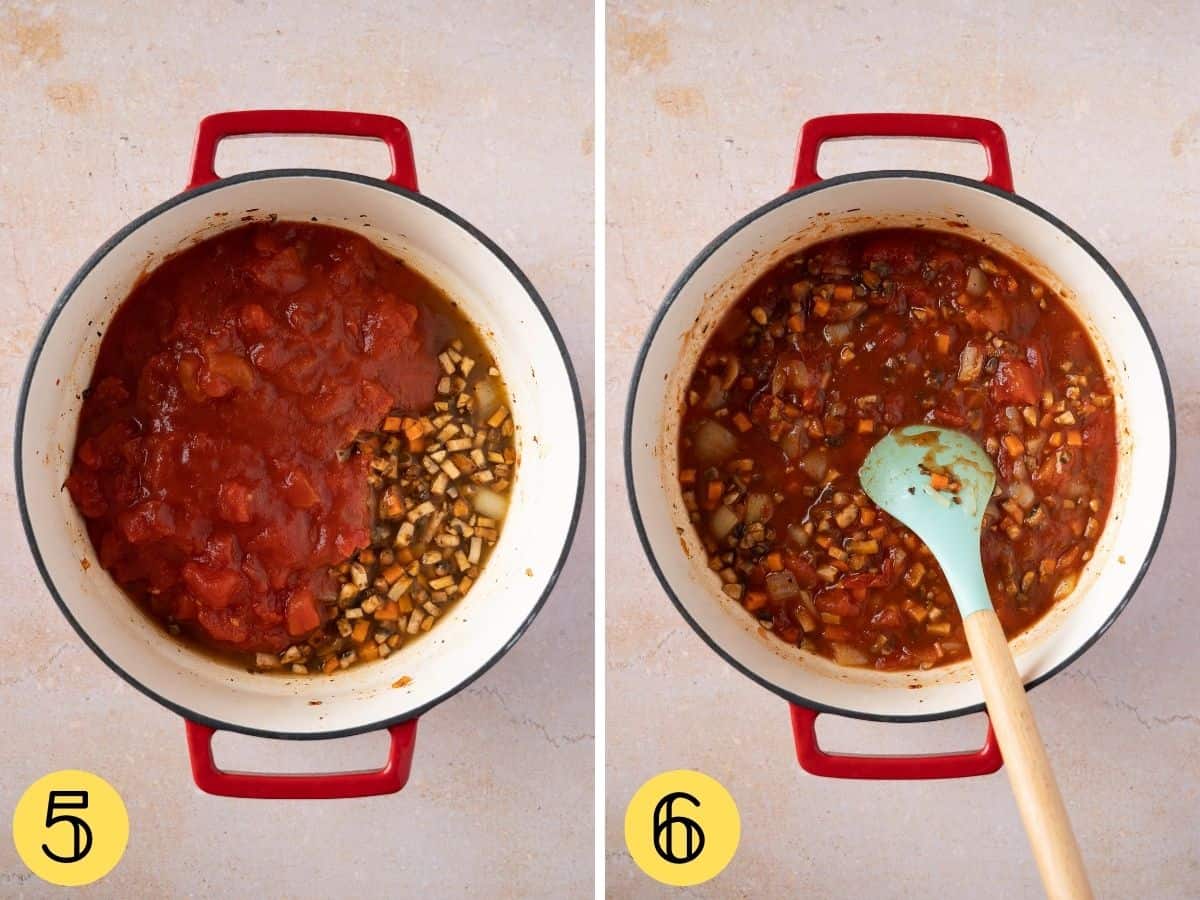 Tomatoes added to bolognese in a pan with a wooden spoon.