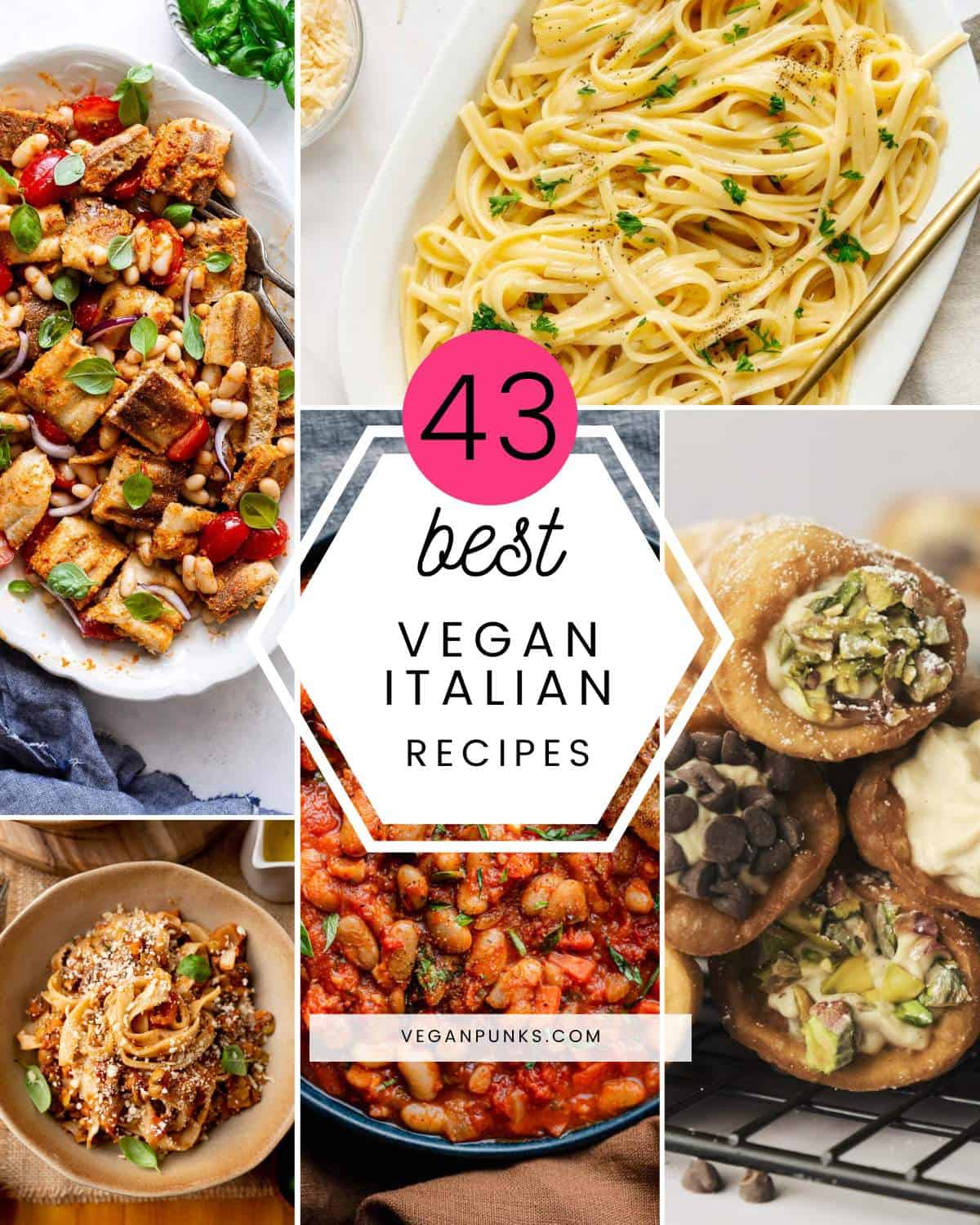 Collage of vegan Italian recipes with text in the middle.