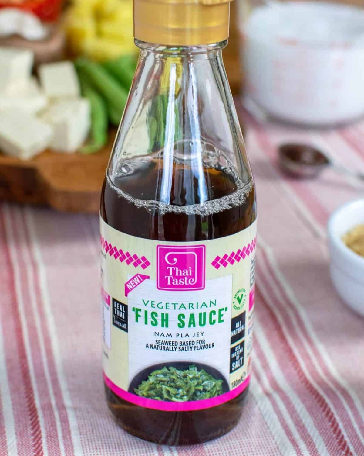A bottle of Thai Taste vegan fish sauce.