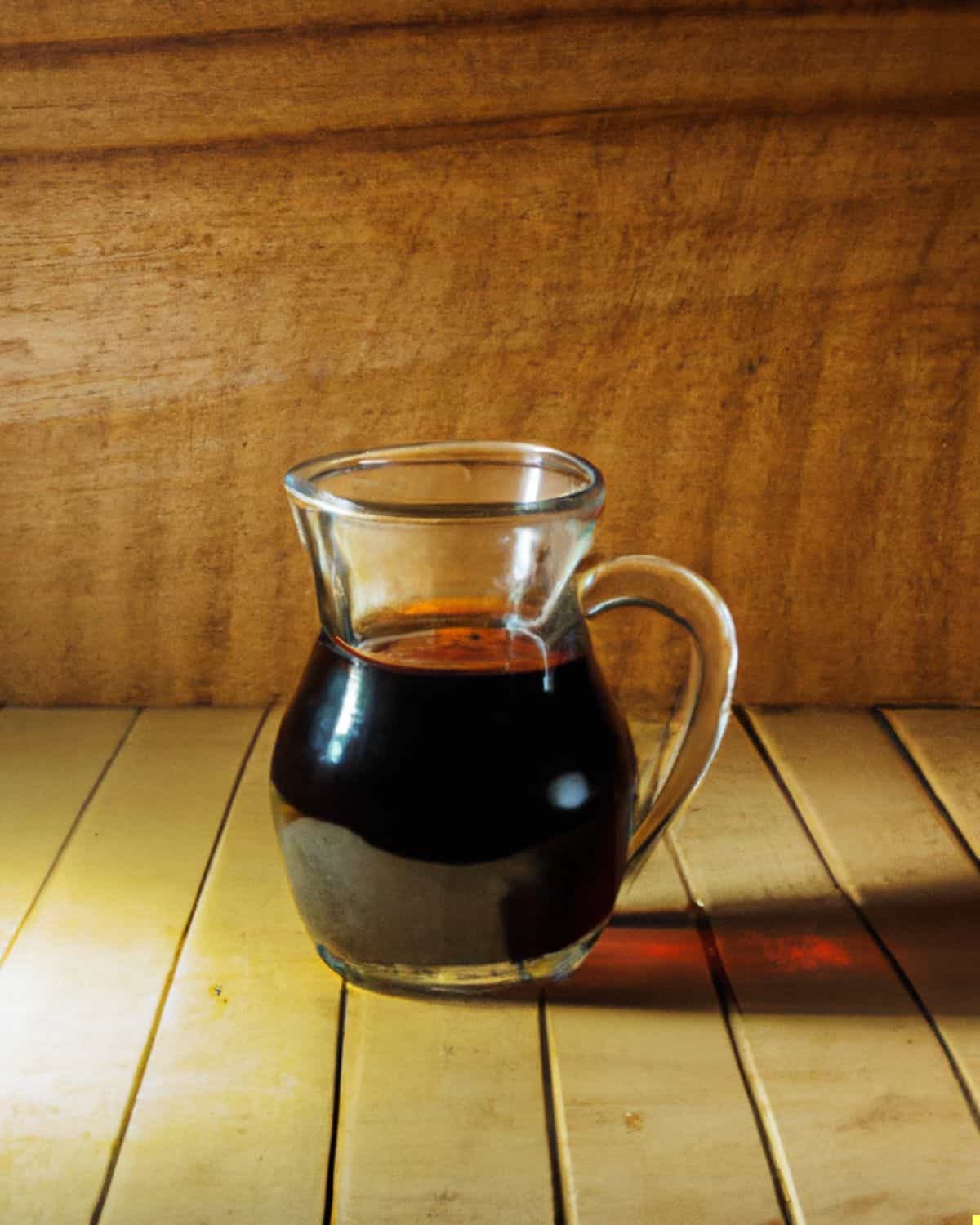 Vegan fish sauce in a glass jug.