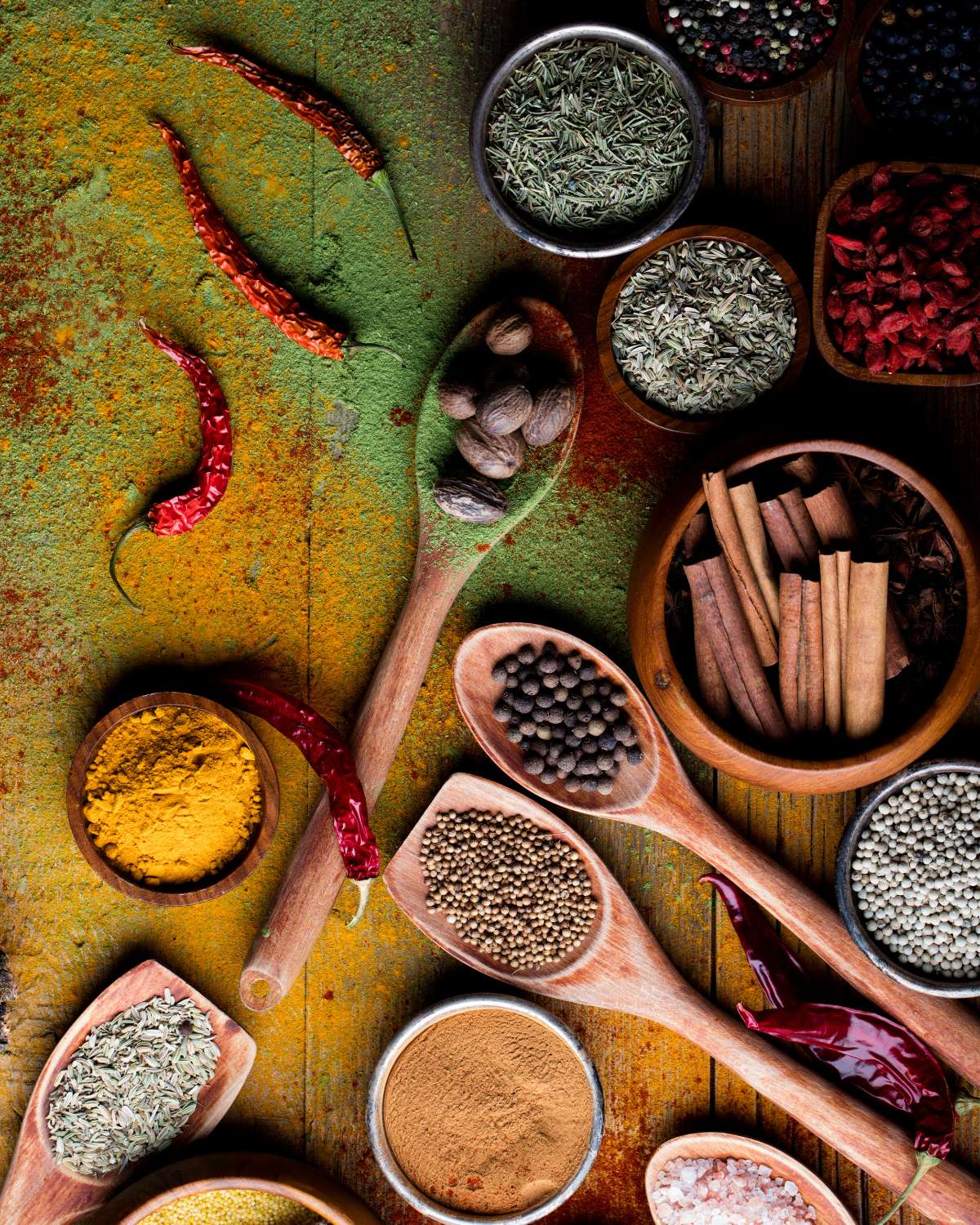 Spices on wooden spoons and in wooden bowls, along with dried chillies.