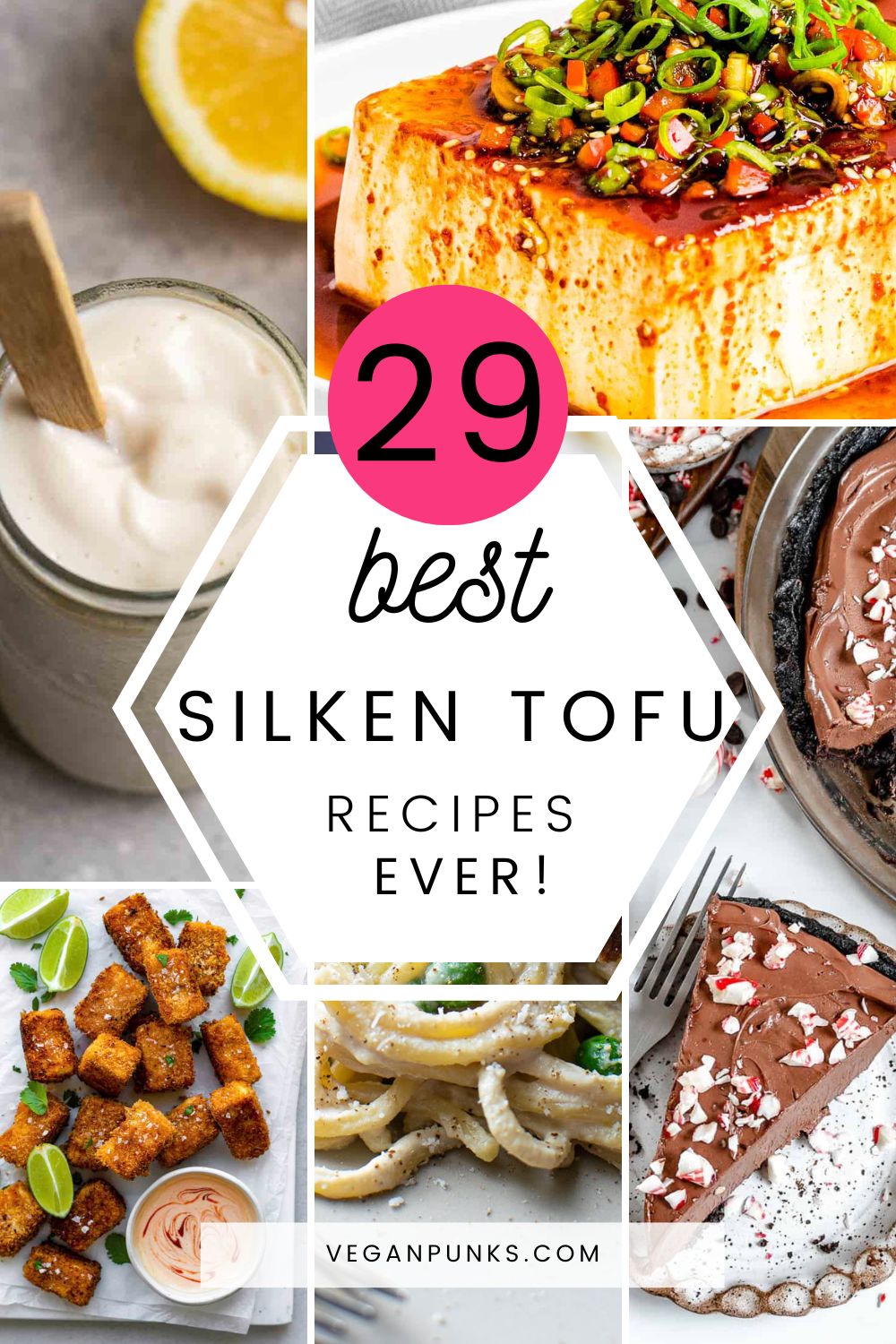 Pinterest image with a title and various silken tofu recipe images.