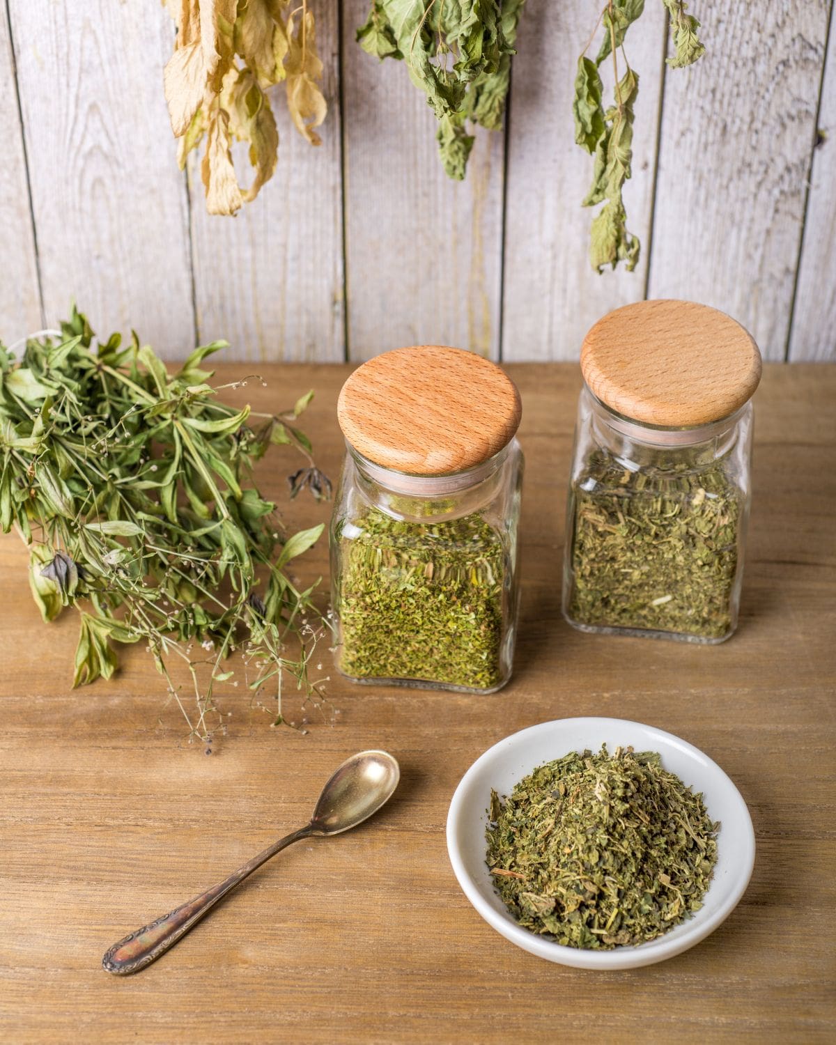 Dried herbs in a jar.