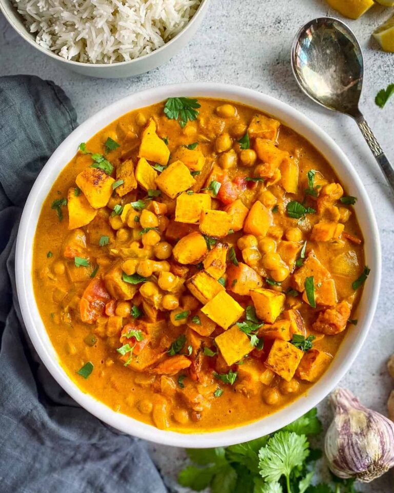 Chickpea and butternut squash curry in a bowl.