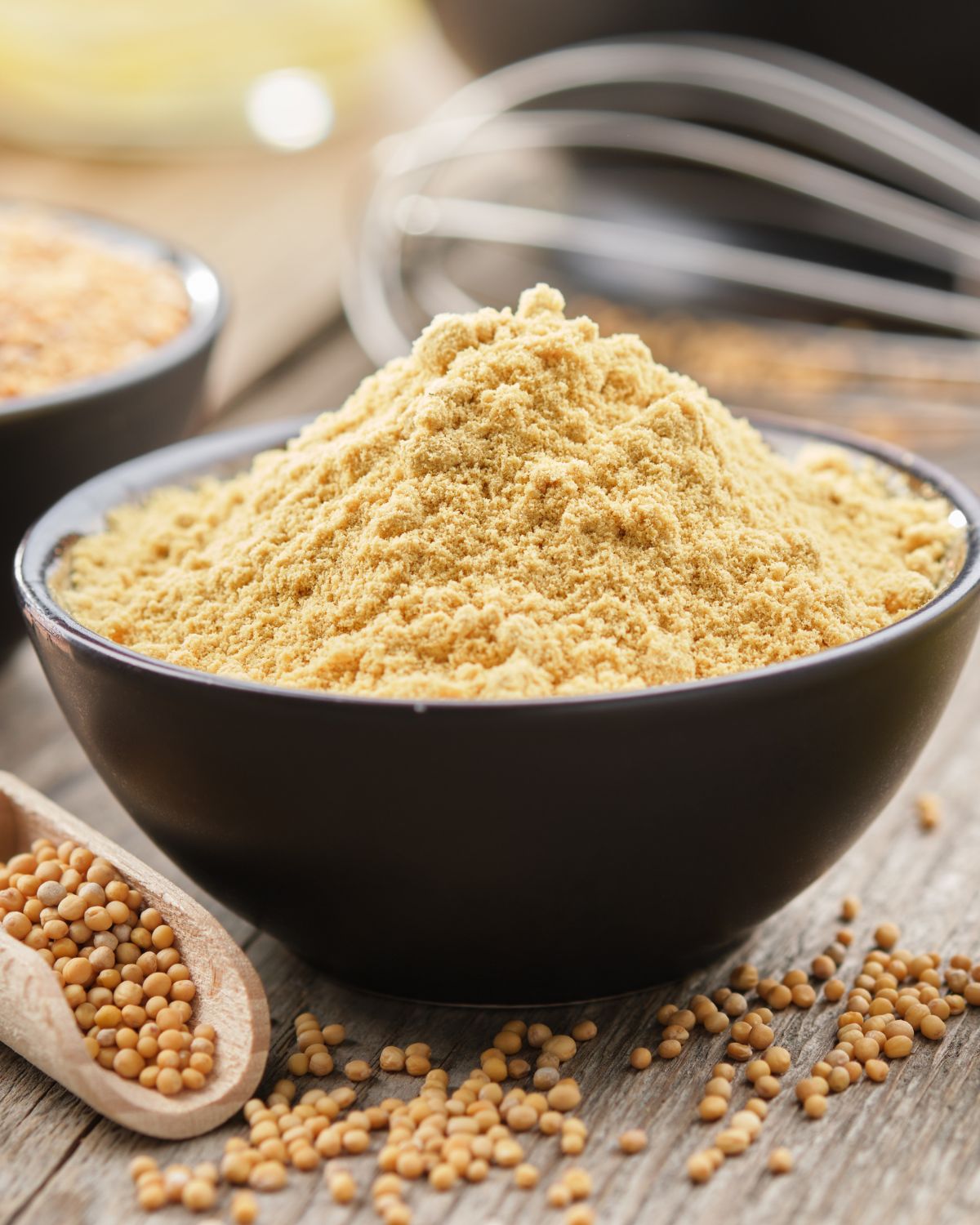 A bowl of ground mustard with mustard seeds around it.