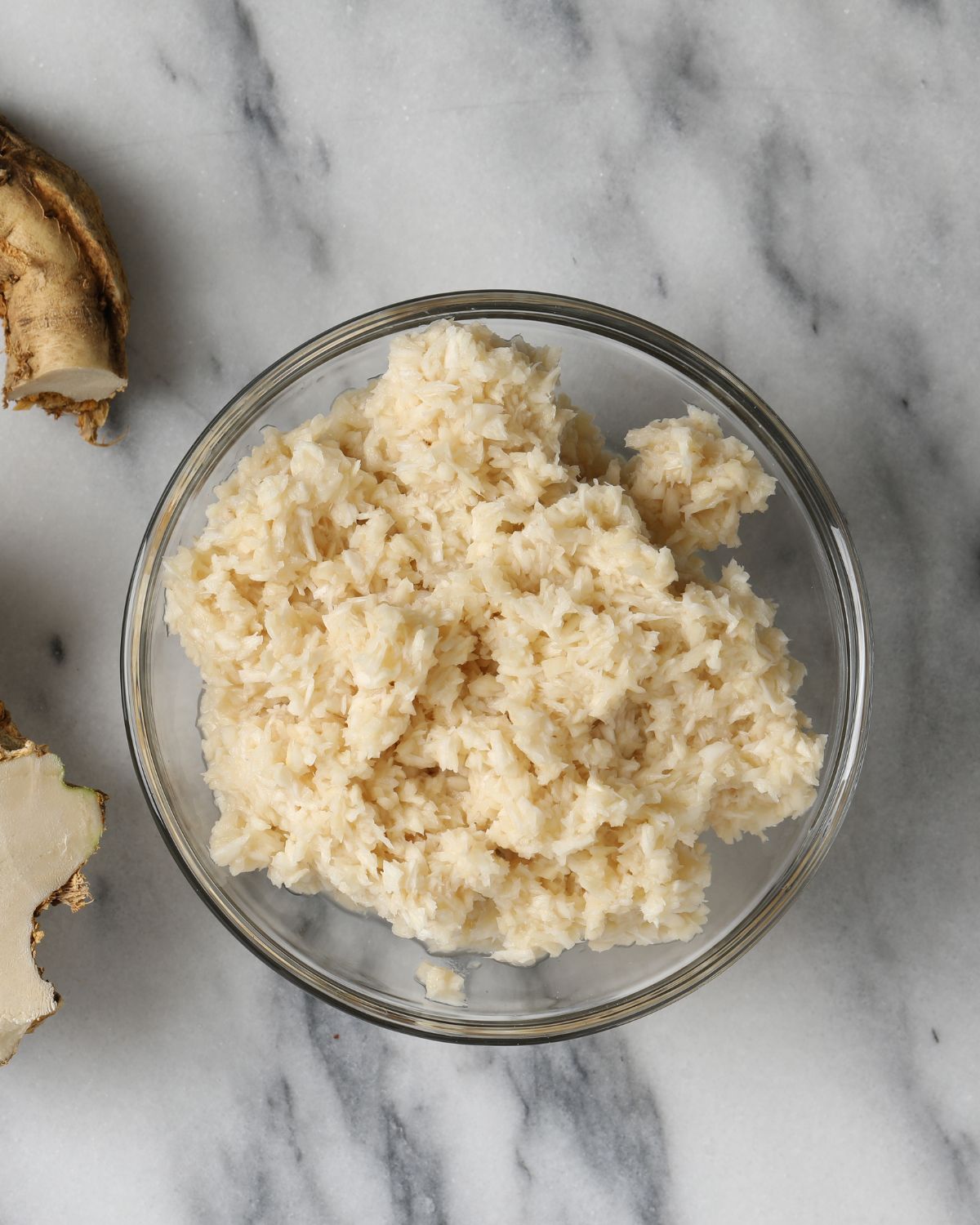 Horseradish in a glass bowl.