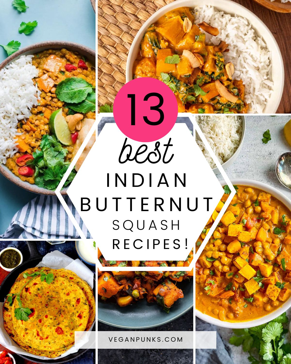 Collage of images showing Indian butternut squash recipes with text in the centre.