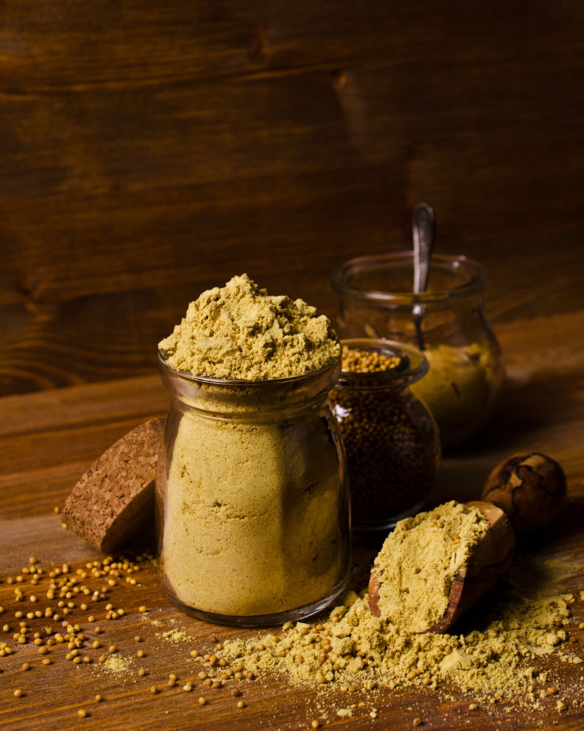 Mustard powder in a glass jar.