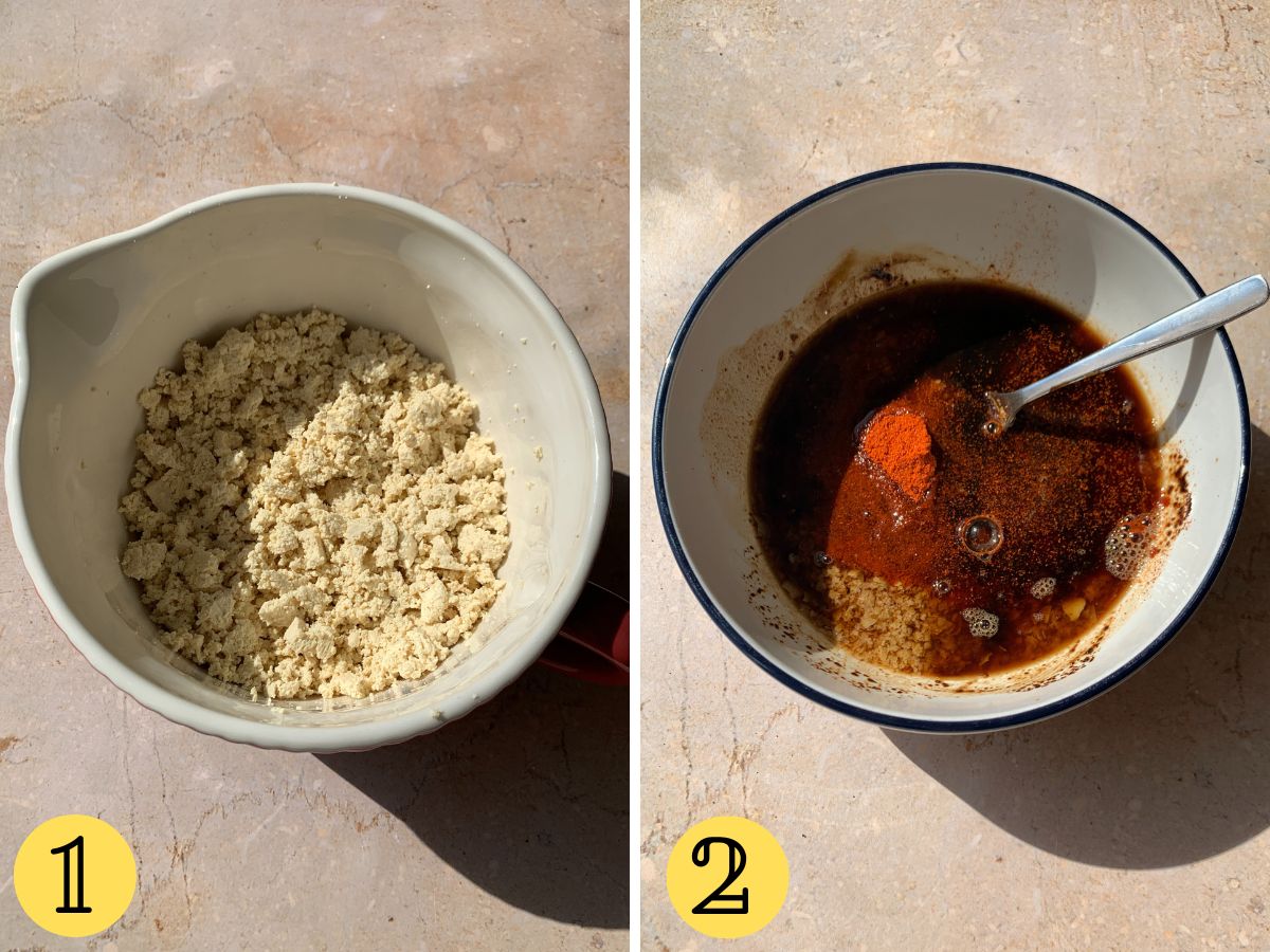 Tofu crumbles in a bowl, marinade in another bowl.